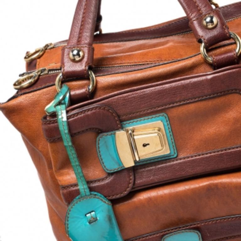 Dolce & Gabbana Brown/Turquoise Leather Push Lock Satchel In condizioni discrete in vendita a Dubai, Al Qouz 2