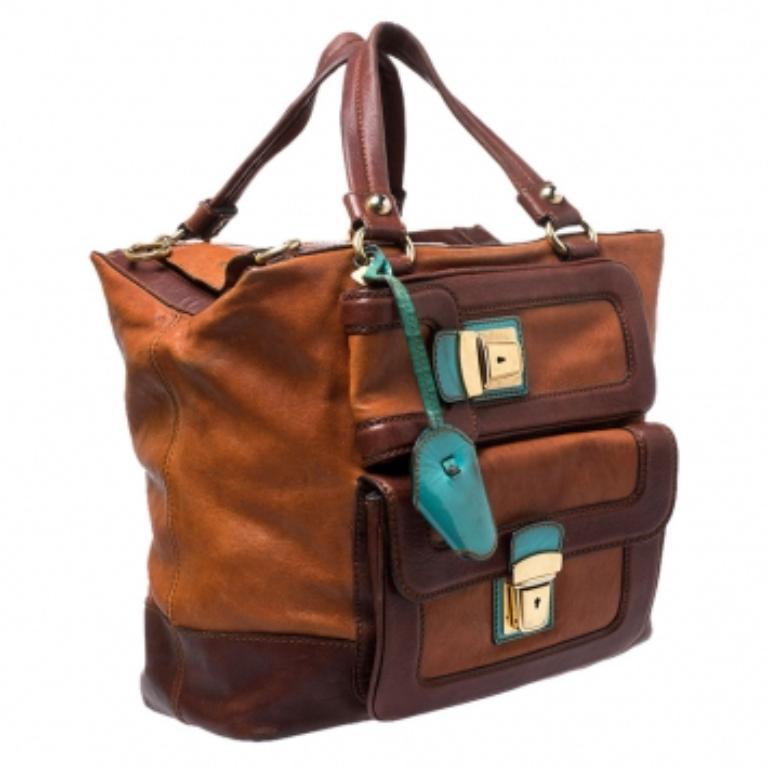 Donna Dolce & Gabbana Brown/Turquoise Leather Push Lock Satchel in vendita