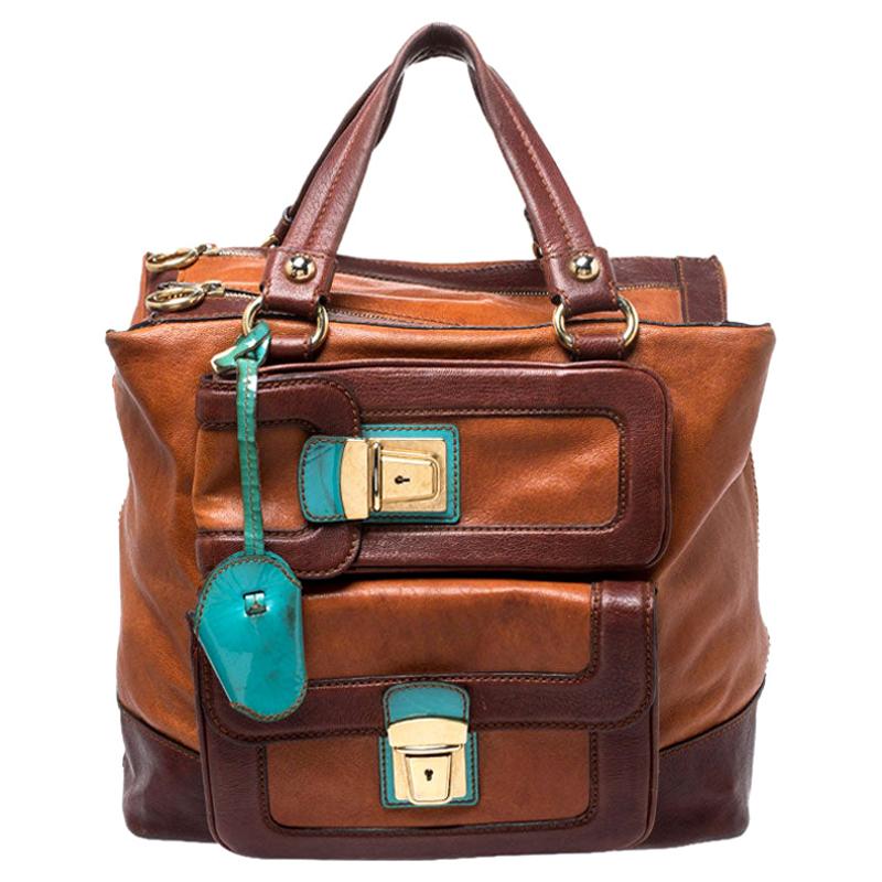 Dolce & Gabbana Brown/Turquoise Leather Push Lock Satchel For Sale