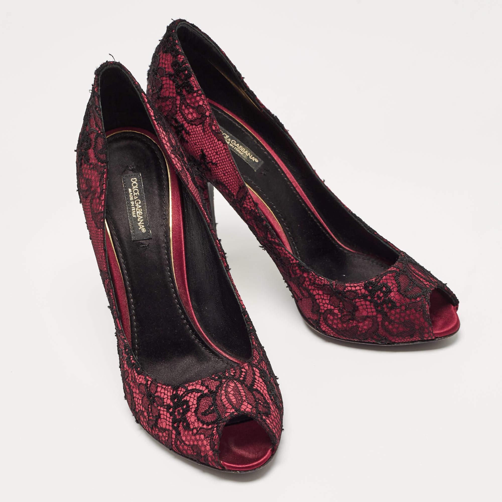 Women's Dolce & Gabbana Burgundy/Black Lace and Mesh Peep Toe Pumps Size 38 For Sale