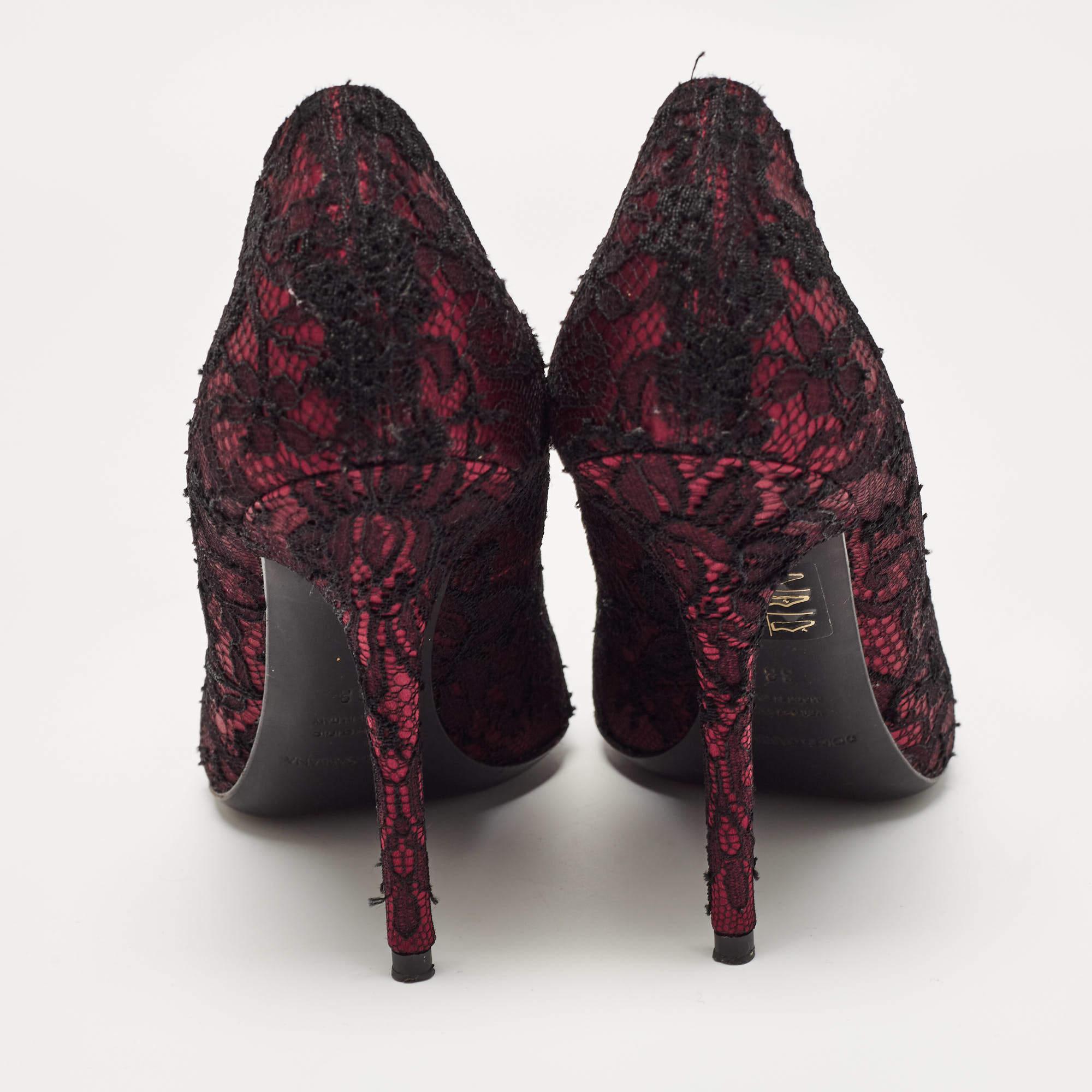 Dolce & Gabbana Burgundy/Black Lace and Mesh Peep Toe Pumps Size 38 For Sale 1