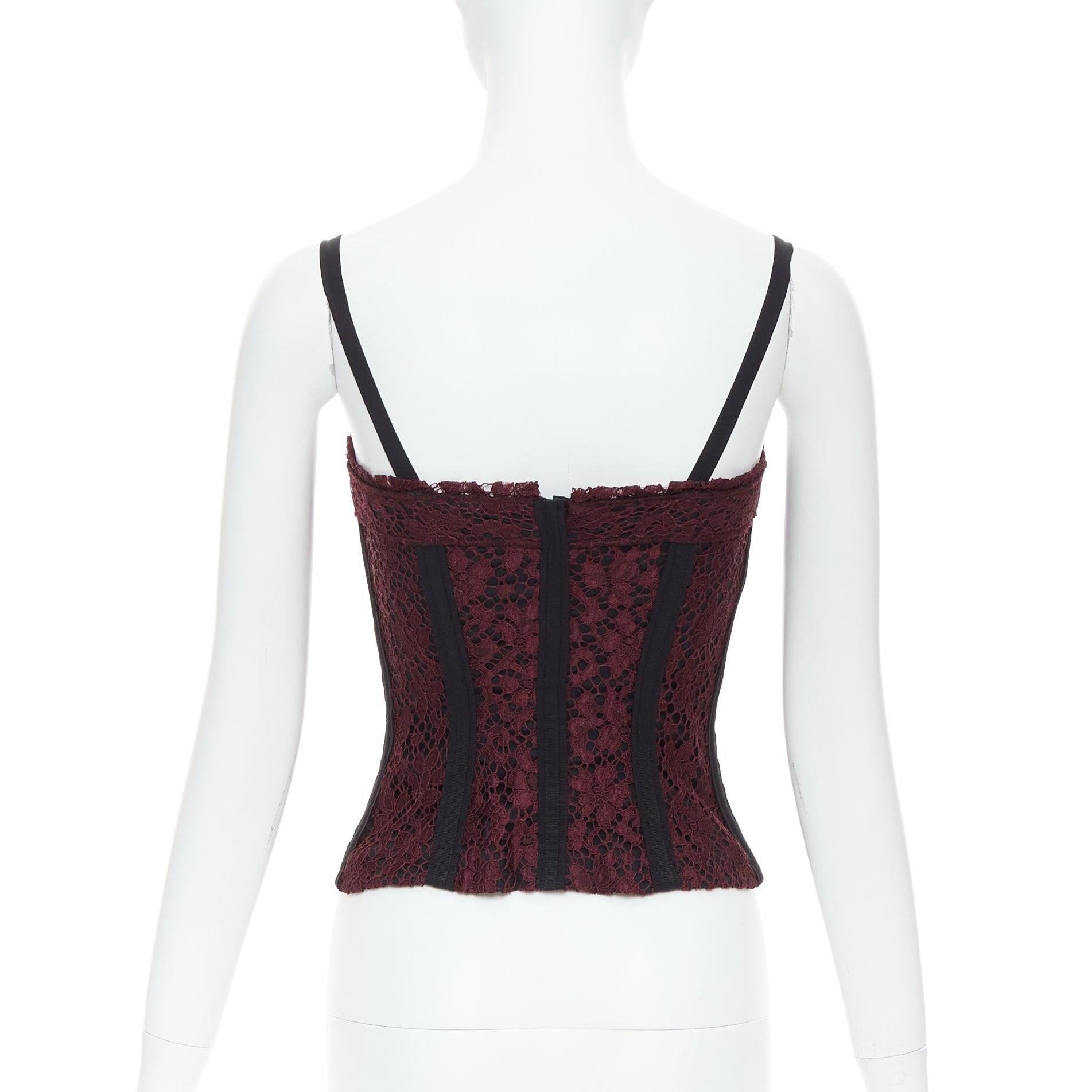 Women's DOLCE GABBANA burgundy black lace overlay hard corset bustier IT42 M For Sale
