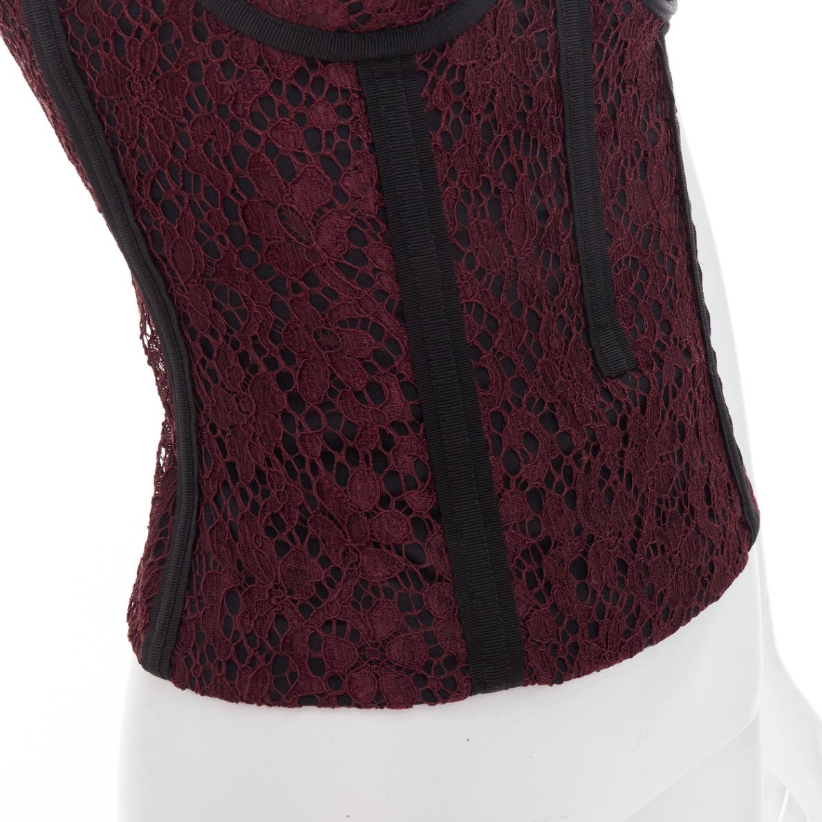 DOLCE GABBANA burgundy black lace overlay hard corset bustier IT42 M For Sale 2