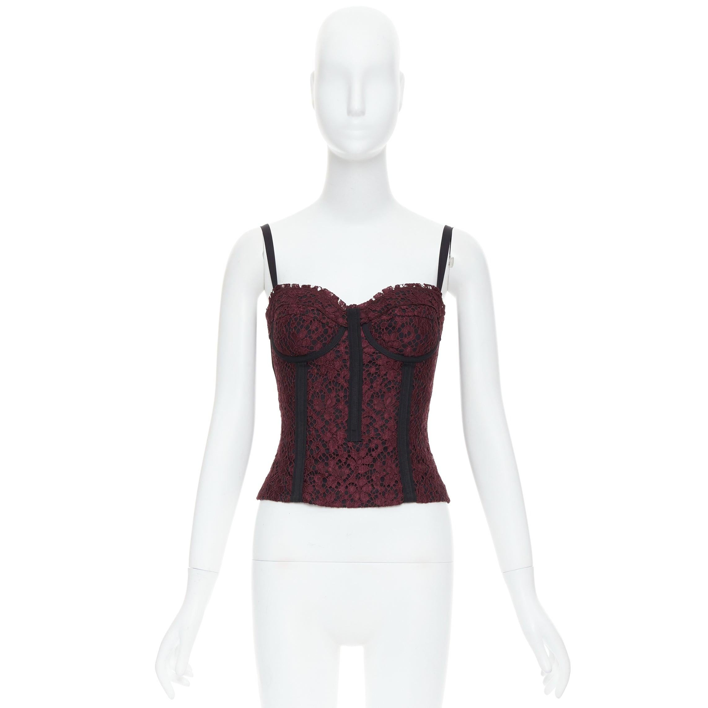 DOLCE GABBANA burgundy black lace overlay hard corset bustier IT42 M For Sale 4