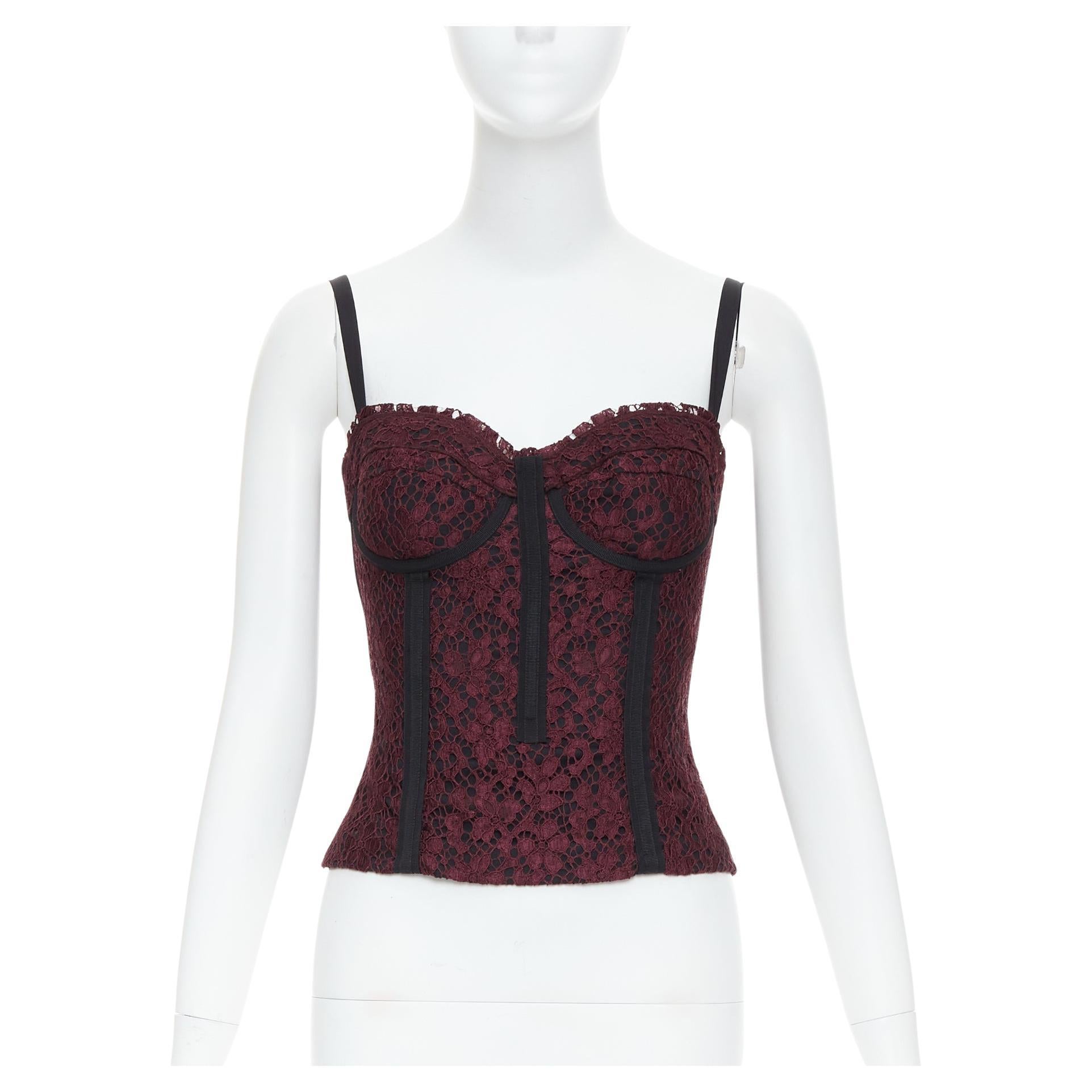 DOLCE GABBANA burgundy black lace overlay hard corset bustier IT42 M For Sale