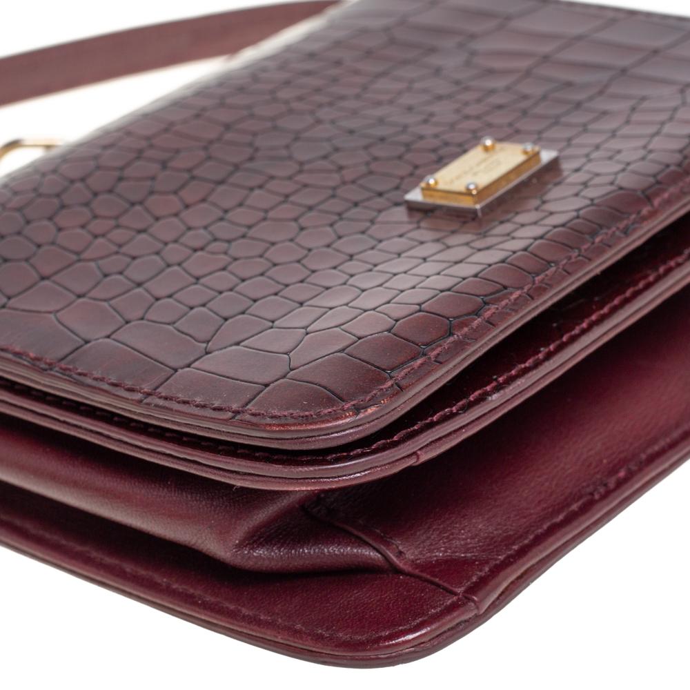 Dolce & Gabbana Burgundy Croc Embossed Leather Flap Chain Crossbody Bag 2