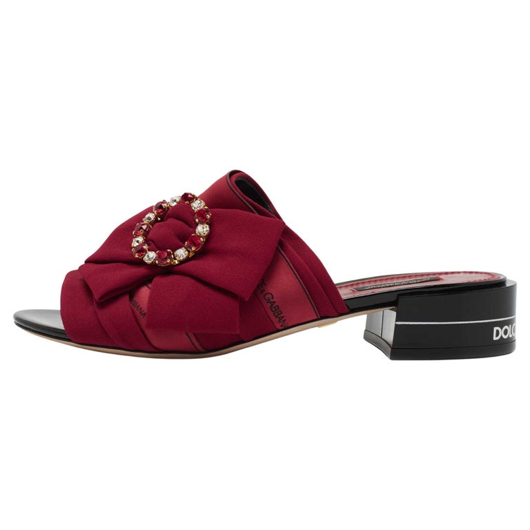 Dolce and Gabbana Burgundy Fabric Crystal Embellished Bow Slide Sandals