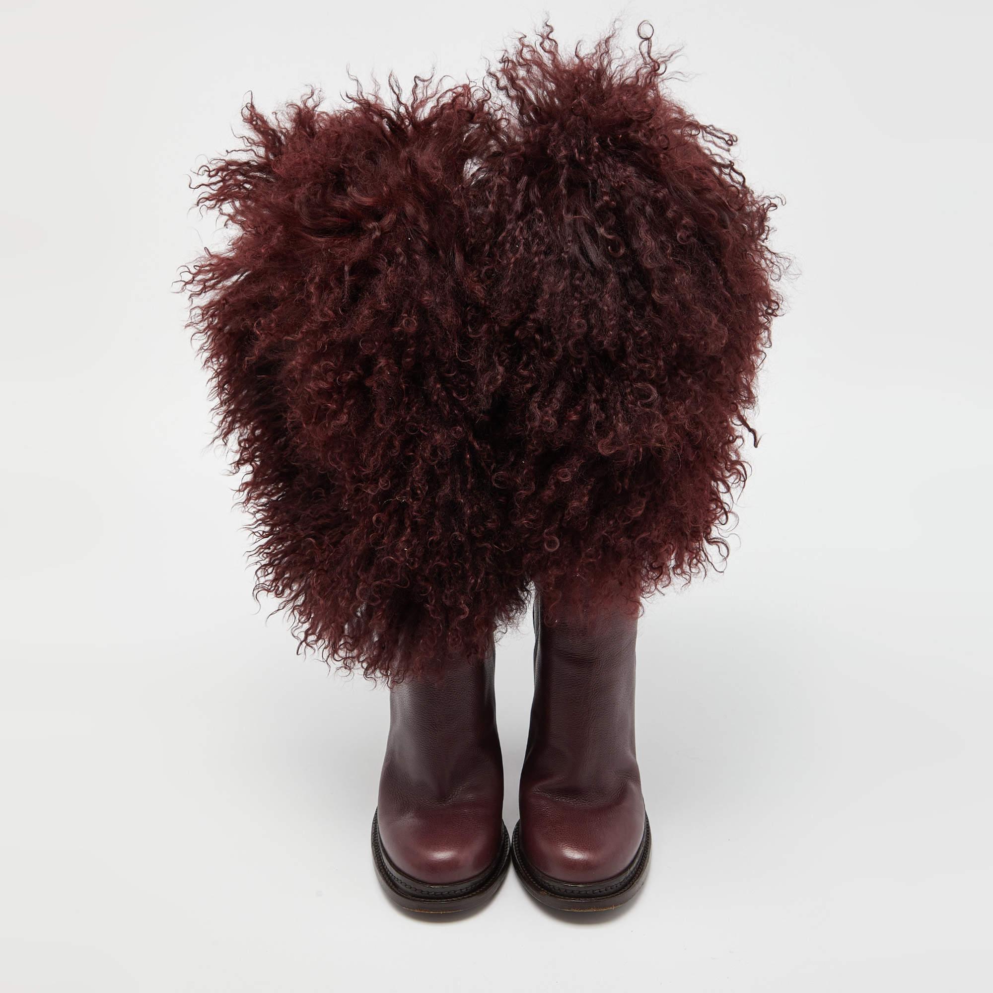 Black Dolce & Gabbana Burgundy Fur and Leather Calf Length Boots  For Sale