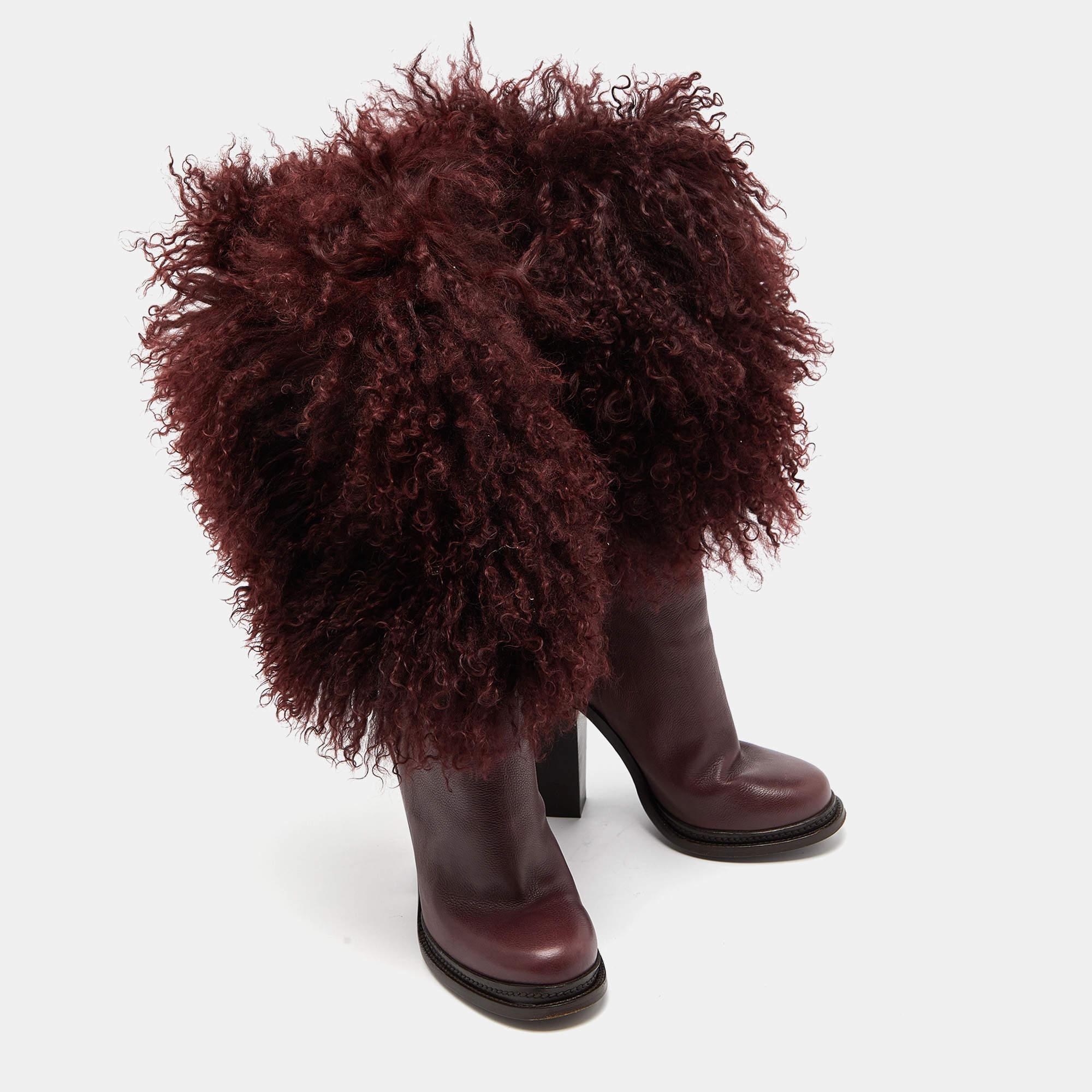 Women's Dolce & Gabbana Burgundy Fur and Leather Calf Length Boots  For Sale