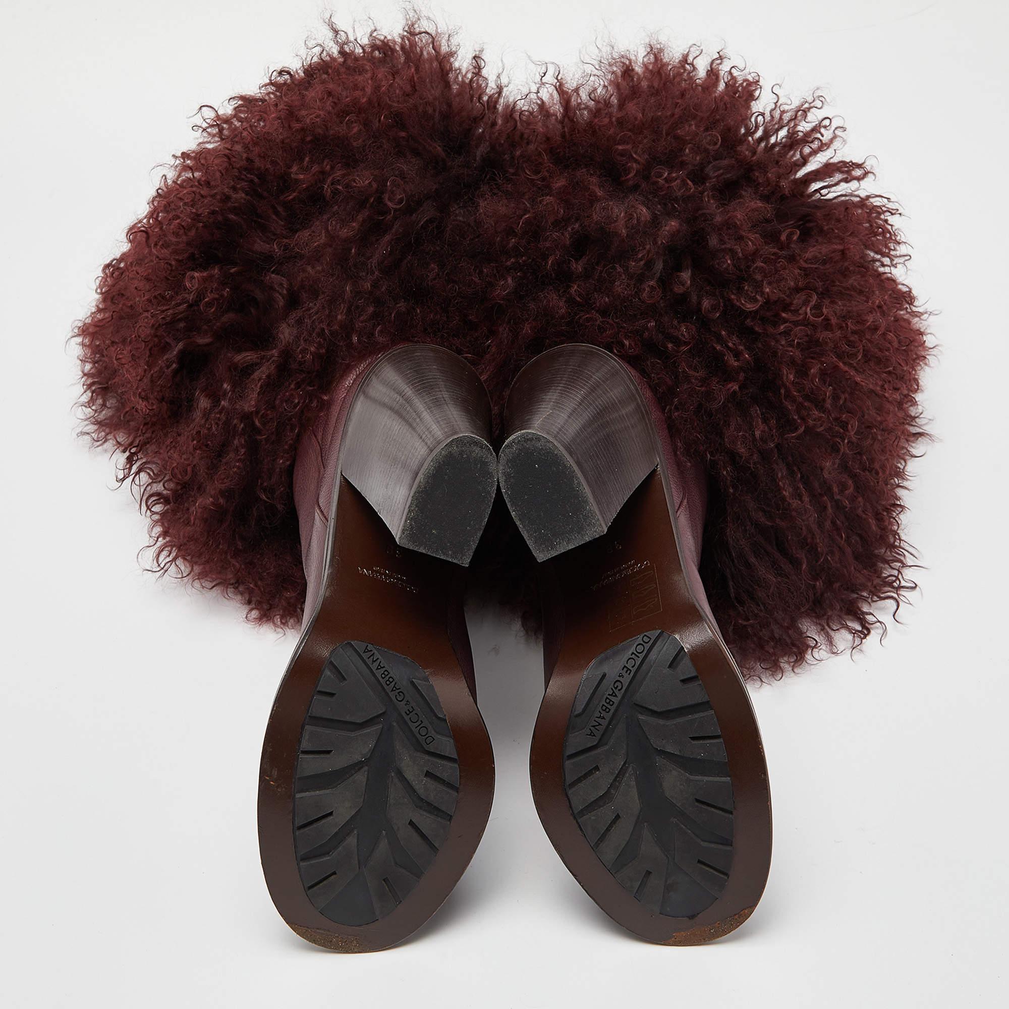 Dolce & Gabbana Burgundy Fur and Leather Calf Length Boots  For Sale 2