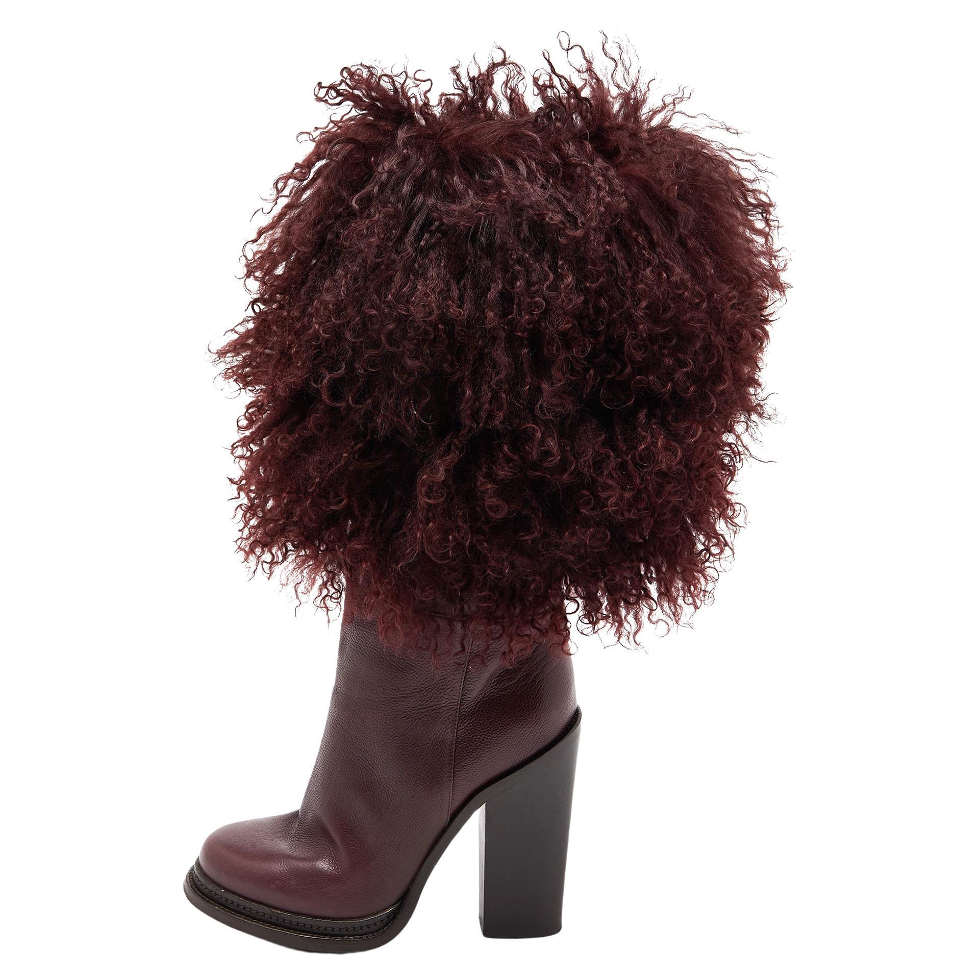 Dolce & Gabbana Burgundy Fur and Leather Calf Length Boots  For Sale