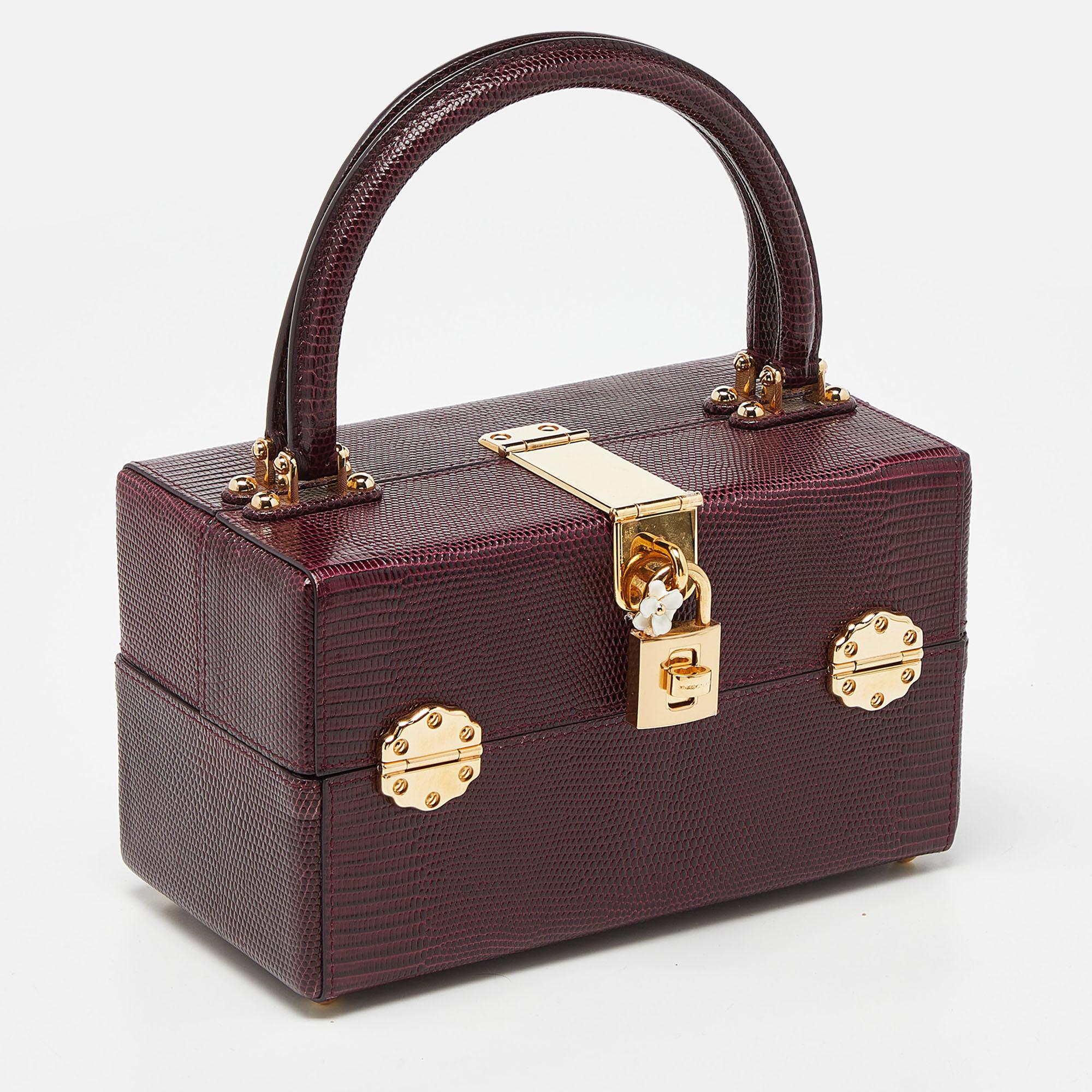 Dolce & Gabbana Burgundy Iguana Embossed Leather Box Bag In Excellent Condition In Dubai, Al Qouz 2