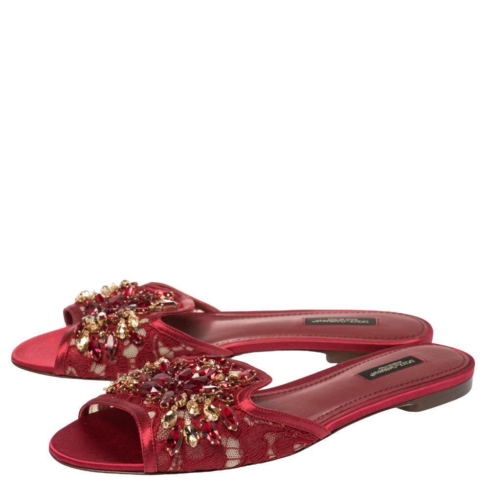 Brown Dolce & Gabbana Burgundy Lace Crystal Embellished Flats Size 38.5