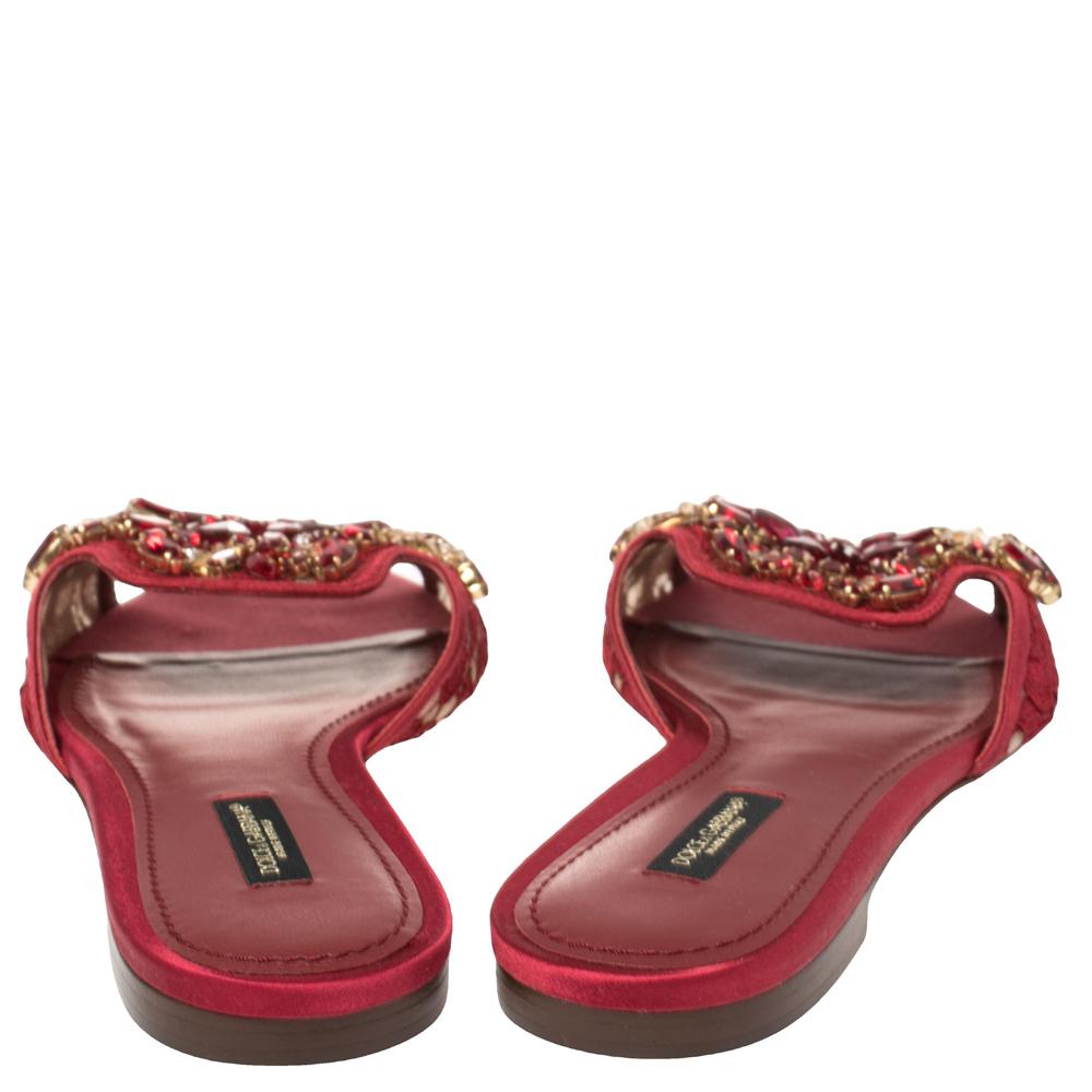 Dolce & Gabbana Burgundy Lace Crystal Embellished Flats Size 38.5 2