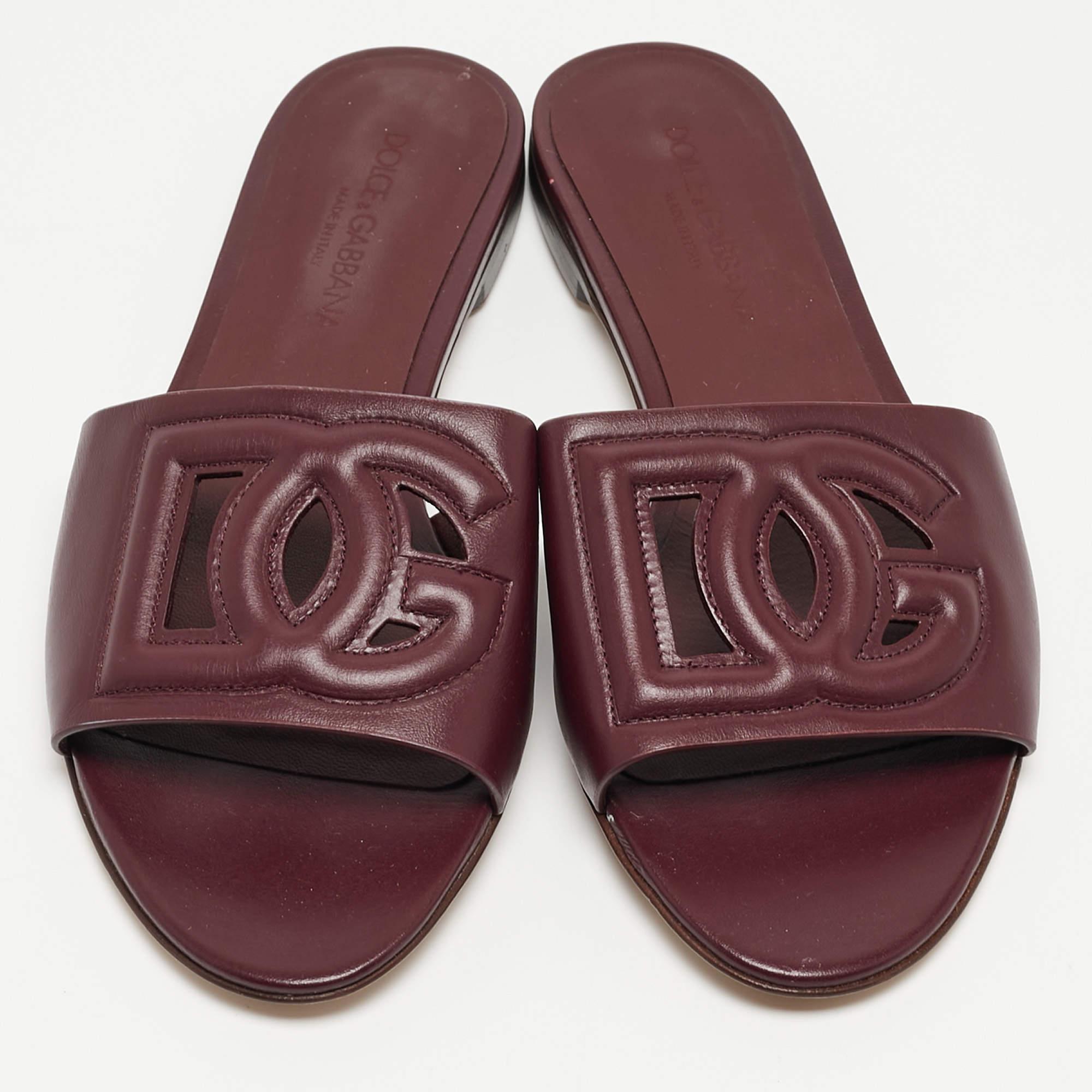 Dolce & Gabbana Burgundy Leather DG Cut Out Flat Slides Size 36 6