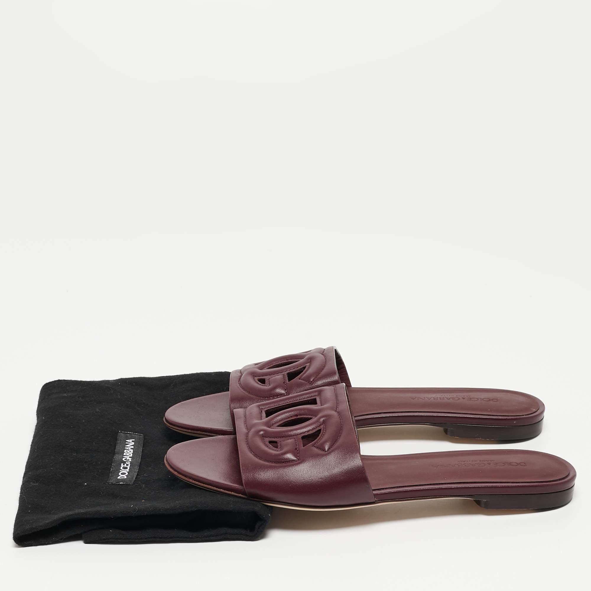 Dolce & Gabbana Burgundy Leather DG Cut Out Flat Slides Size 36 7