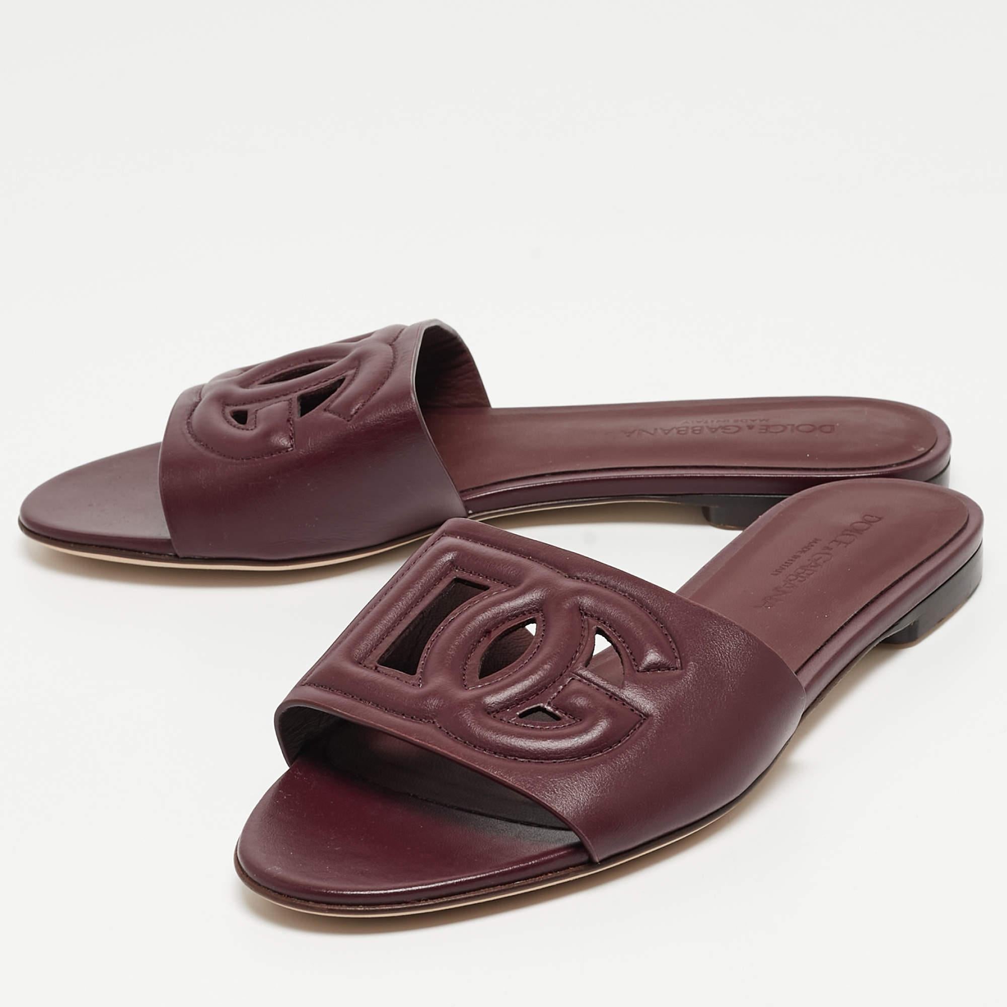 Women's Dolce & Gabbana Burgundy Leather DG Cut Out Flat Slides Size 36