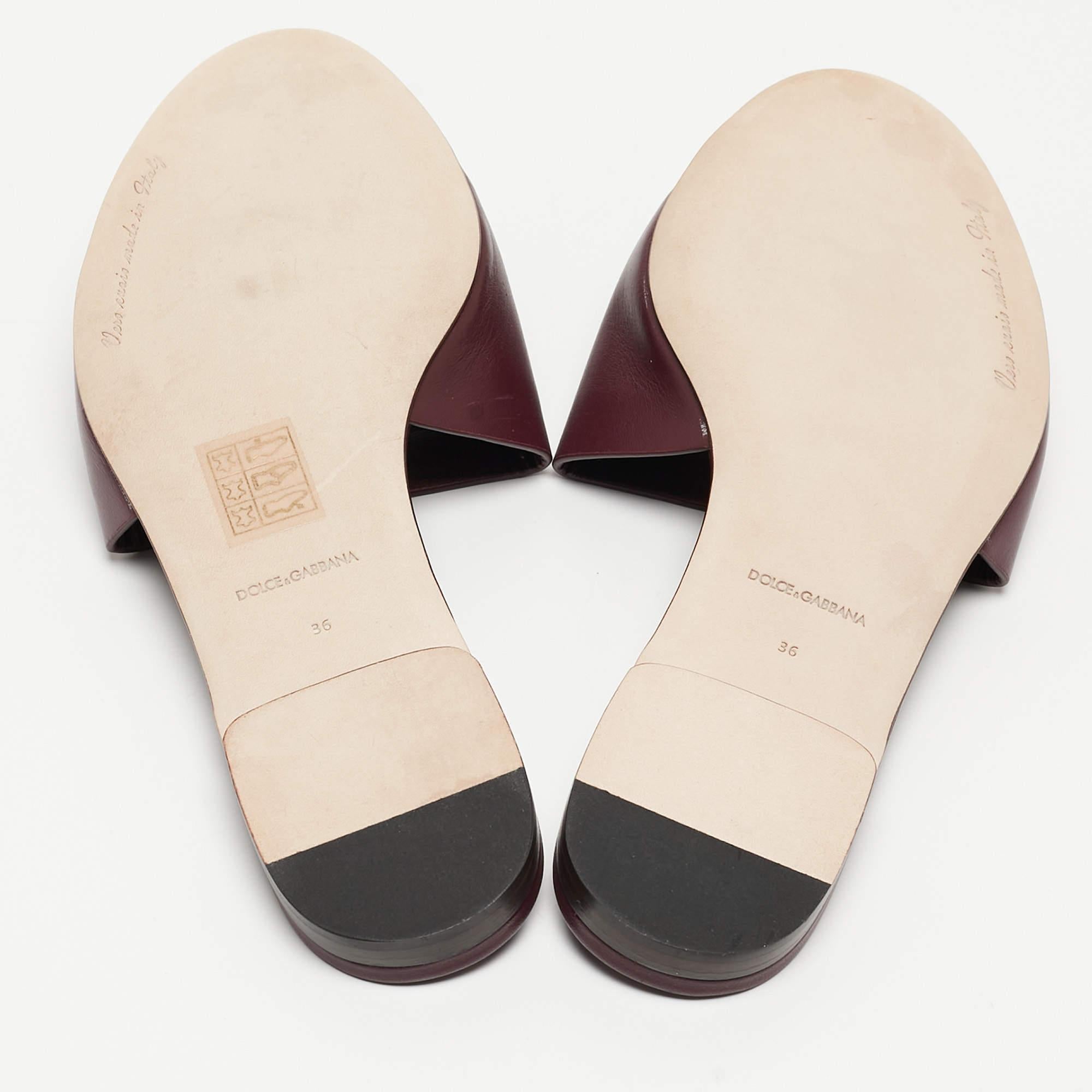Dolce & Gabbana Burgundy Leather DG Cut Out Flat Slides Size 36 2