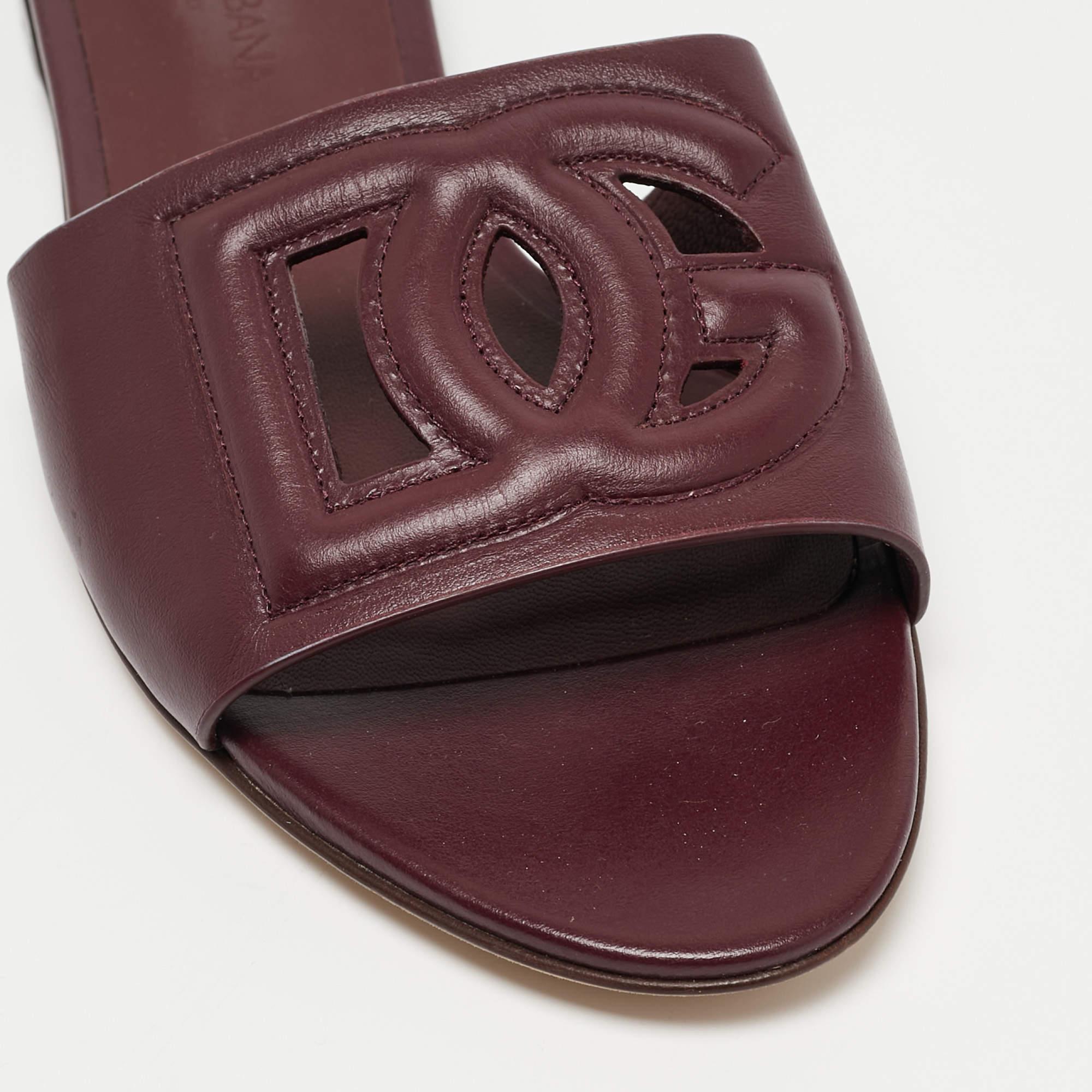 Dolce & Gabbana Burgundy Leather DG Cut Out Flat Slides Size 36 3