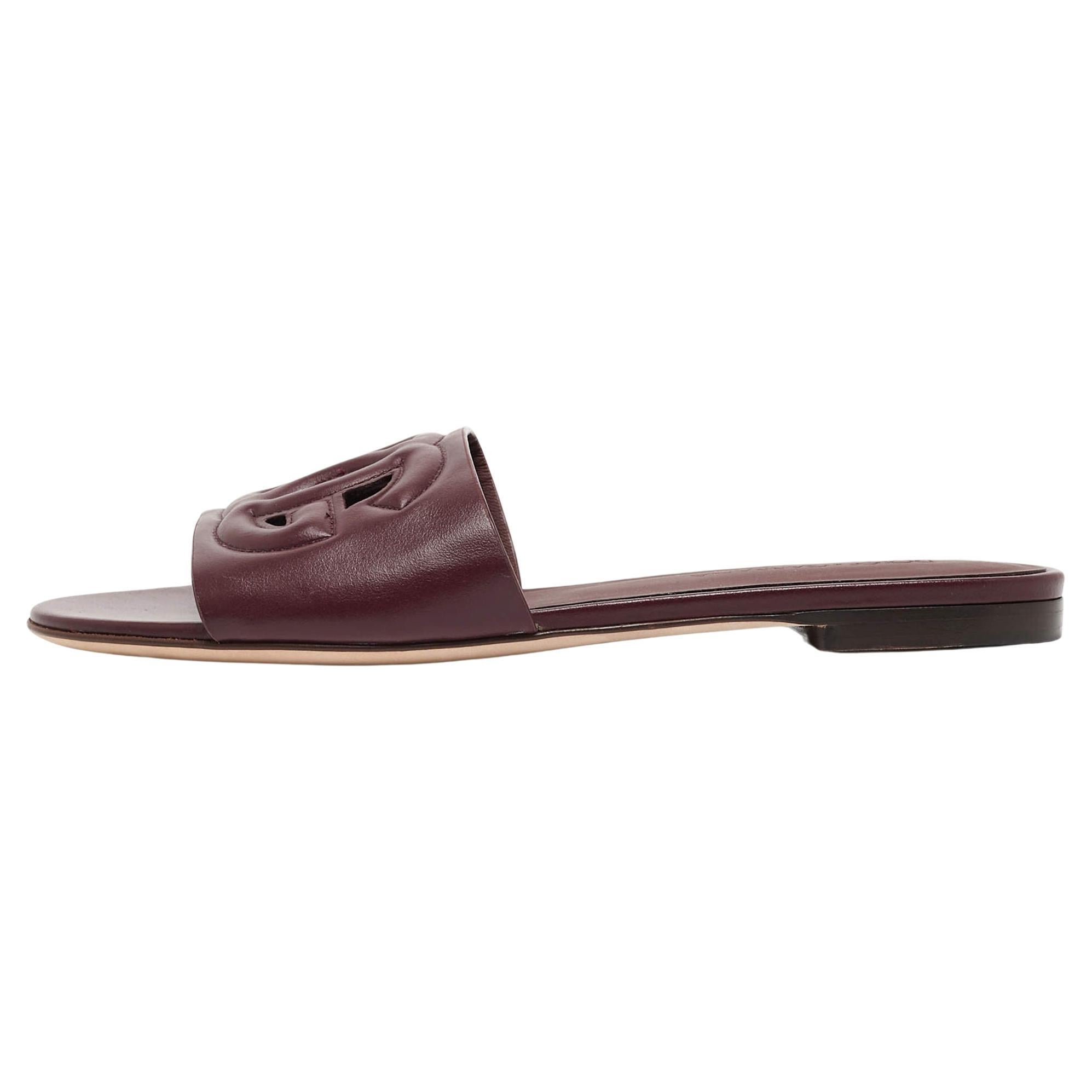 Dolce & Gabbana Burgundy Leather DG Cut Out Flat Slides Size 36