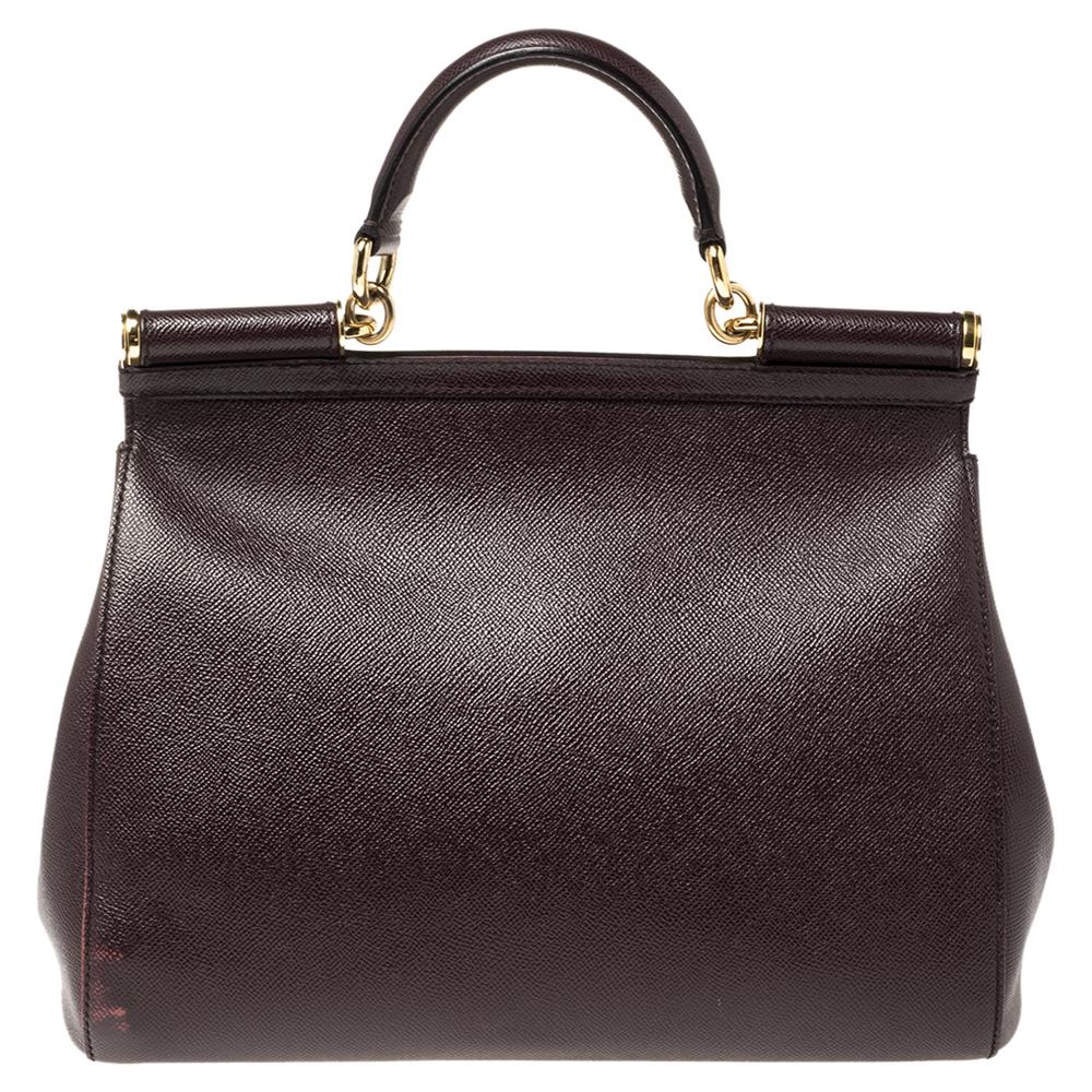 Dolce & Gabbana Burgundy Leather Large Miss Sicily Top Handle Bag 5