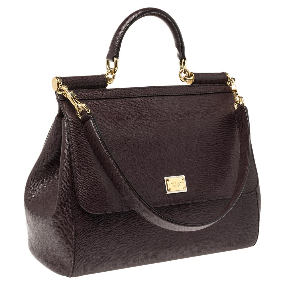 Black Dolce & Gabbana Burgundy Leather Large Miss Sicily Top Handle Bag
