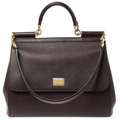 Dolce & Gabbana Burgundy Leather Large Miss Sicily Top Handle Bag