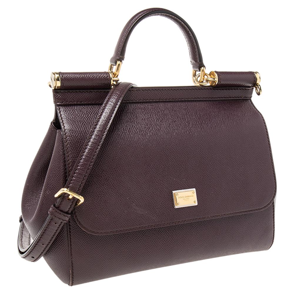 Dolce & Gabbana Burgundy Leather Medium Miss Sicily Top Handle Bag In Good Condition In Dubai, Al Qouz 2