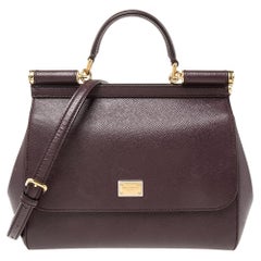 Dolce & Gabbana Burgundy Leather Medium Miss Sicily Top Handle Bag