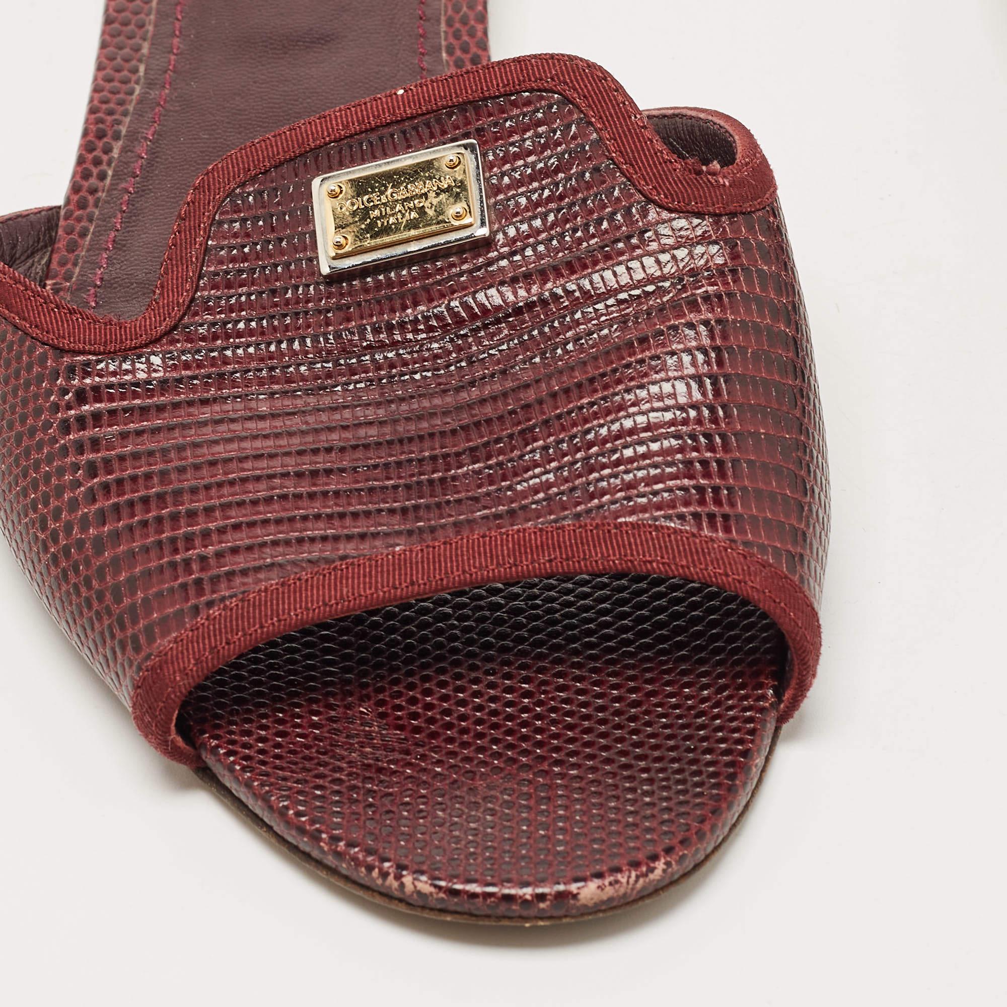 Dolce & Gabbana Burgundy Lizard Embossed Leather Flat Slides Size 40 2
