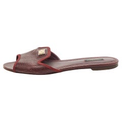 Used Dolce & Gabbana Burgundy Lizard Embossed Leather Flat Slides Size 40