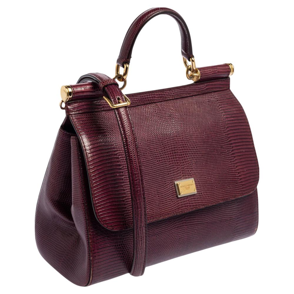 Dolce & Gabbana Burgundy Lizard Embossed Leather Medium Miss Sicily Bag In Good Condition In Dubai, Al Qouz 2