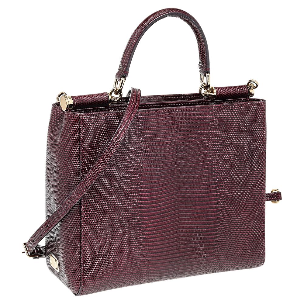 Black Dolce & Gabbana Burgundy Lizard Embossed Leather Miss Sicily Top Handle Bag
