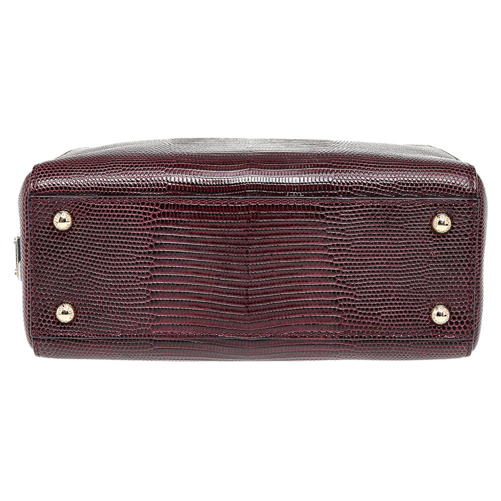 Dolce & Gabbana Burgundy Lizard Embossed Leather Miss Sicily Top Handle Bag In Good Condition In Dubai, Al Qouz 2
