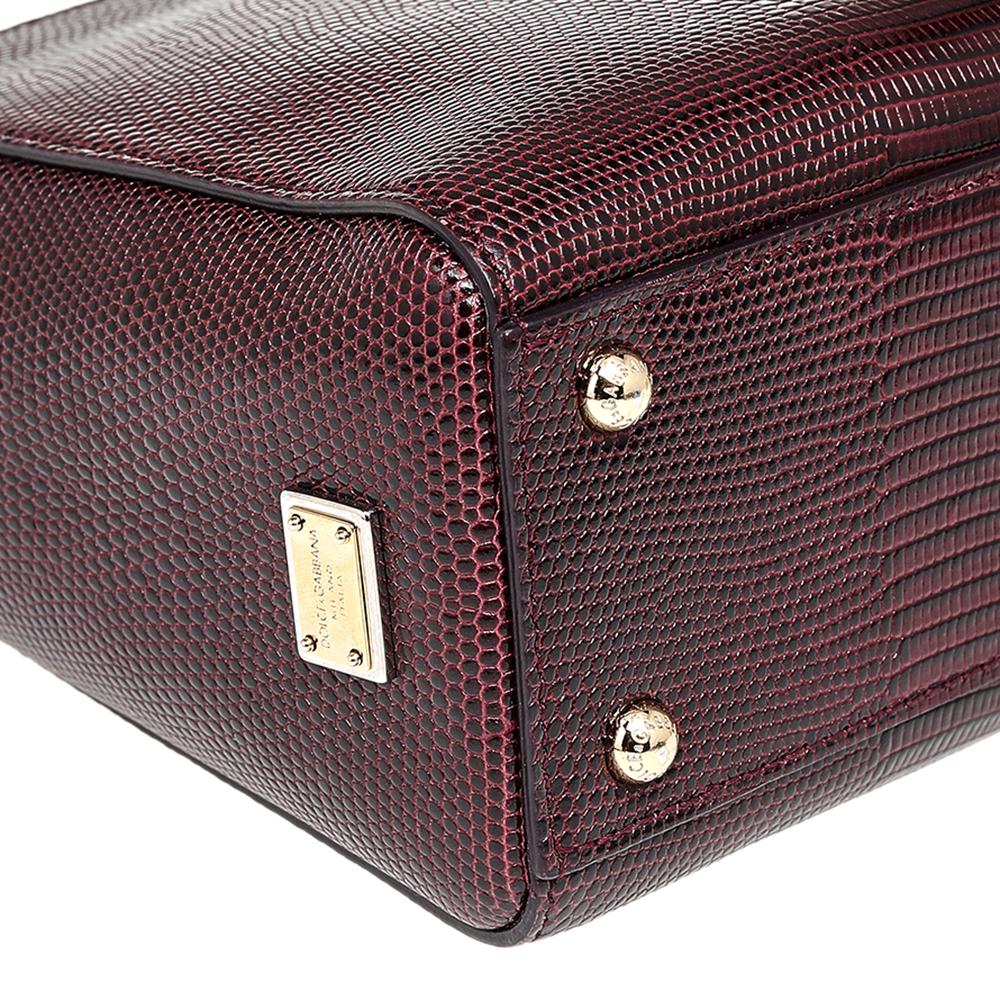 Dolce & Gabbana Burgundy Lizard Embossed Leather Miss Sicily Top Handle Bag 2