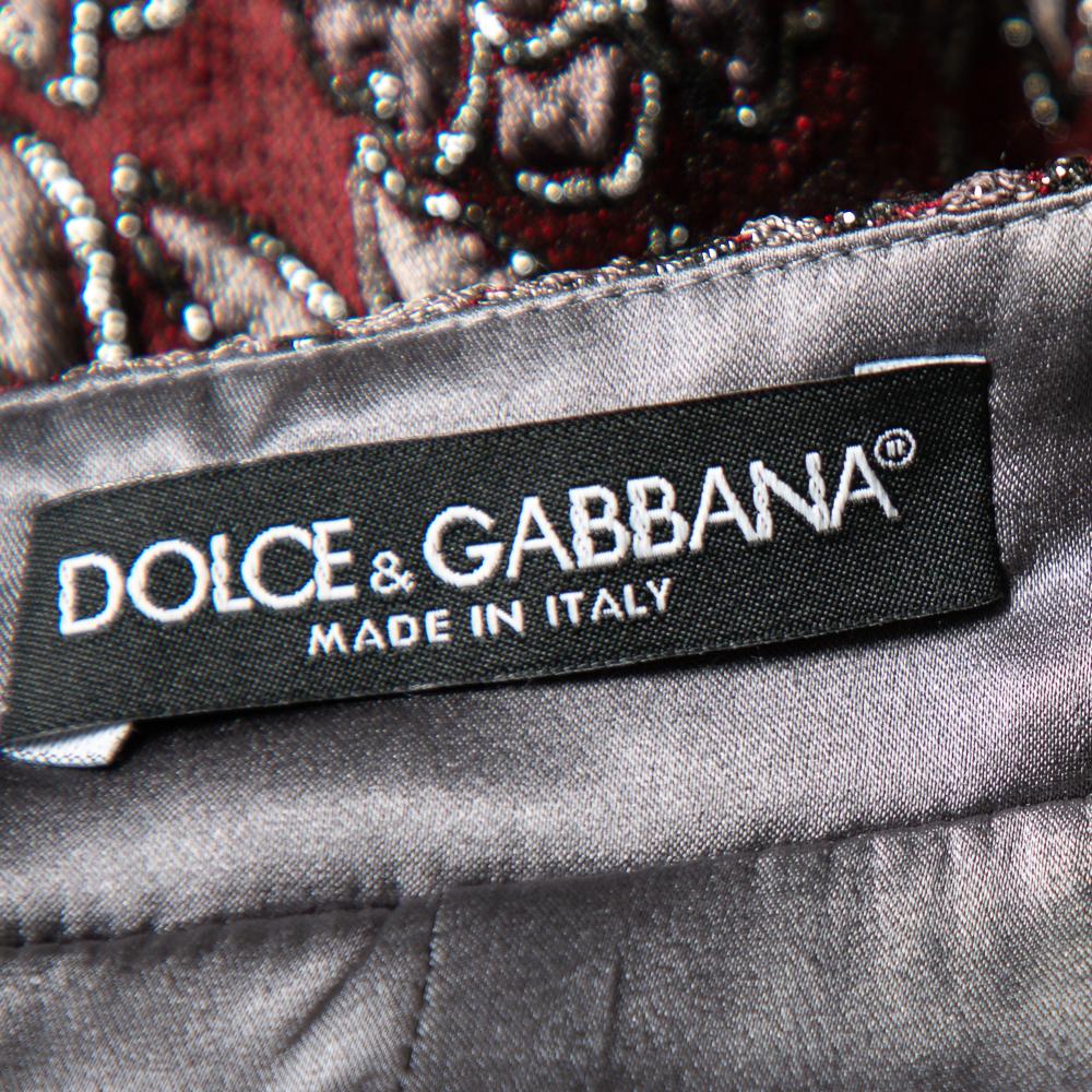 Dolce & Gabbana Burgundy Lurex Jacquard Flared Mini Skirt S For Sale 2