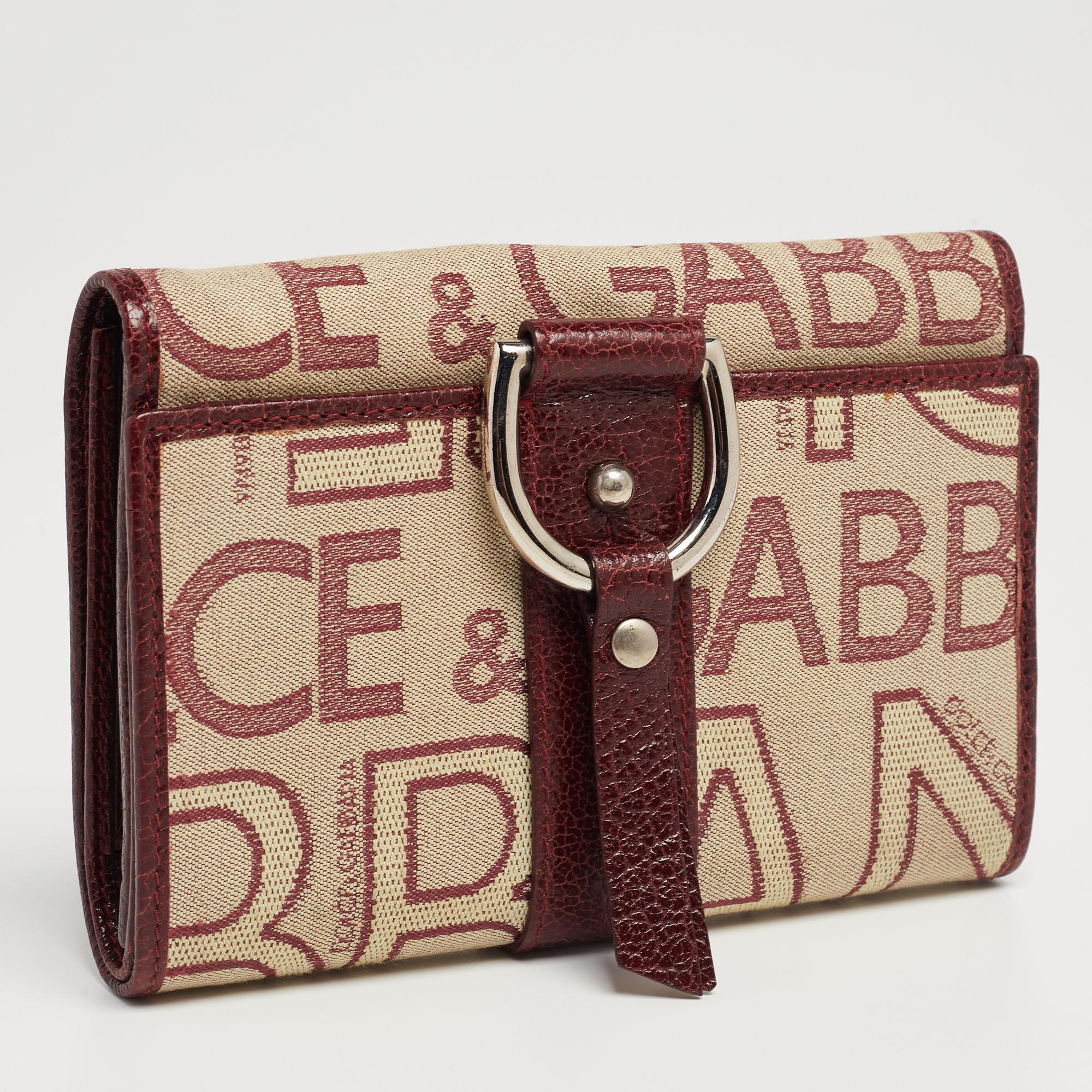 Brown Dolce & Gabbana Burgundy Monogram Fabric and Leather D Ring Trifold Wallet