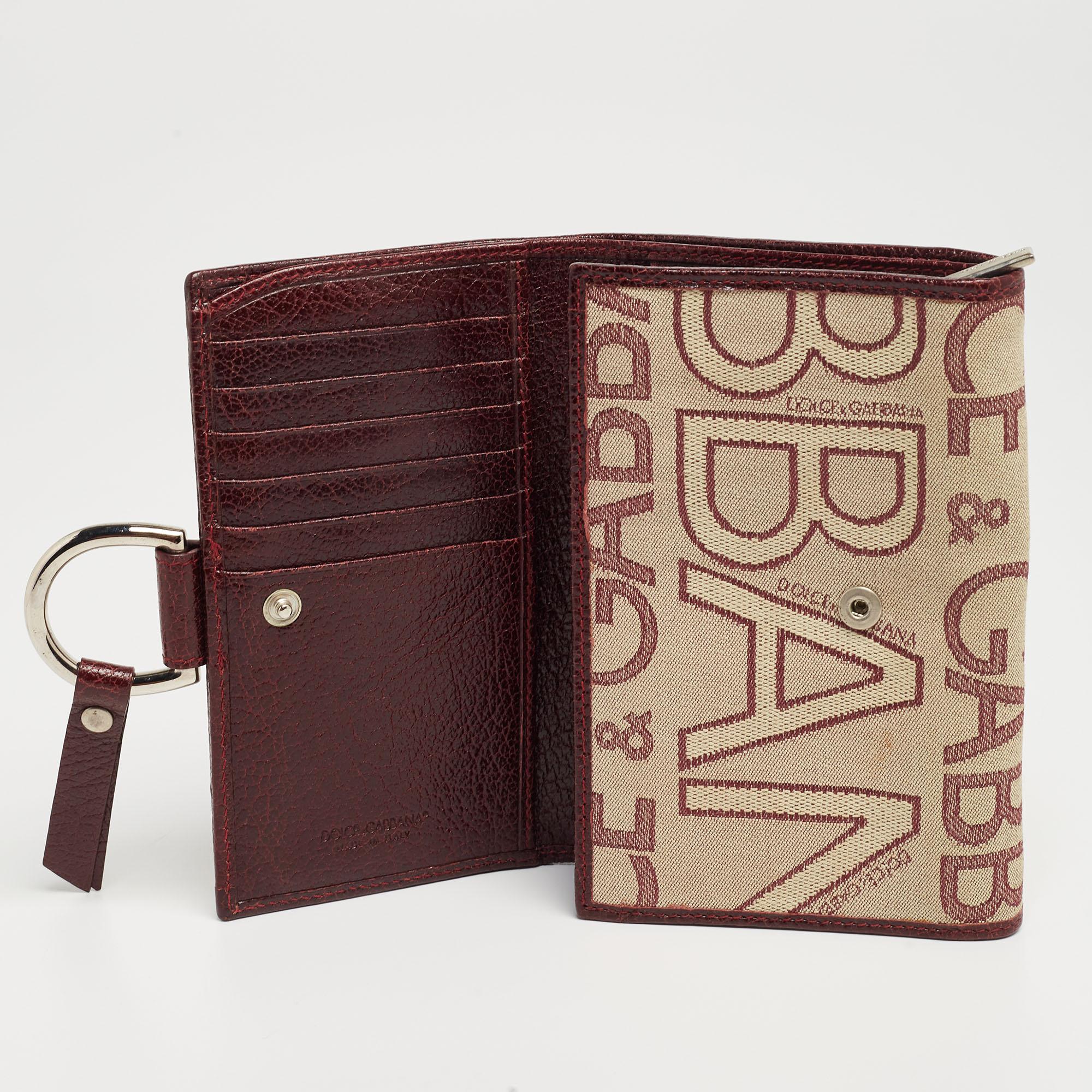 Dolce & Gabbana Burgundy Monogram Fabric and Leather D Ring Trifold Wallet 2