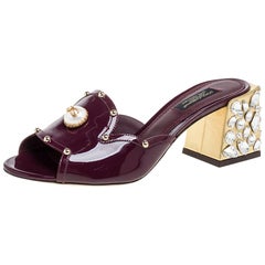 Dolce & Gabbana Burgundy Patent Leather Crystal Block Heel Mules Size 37