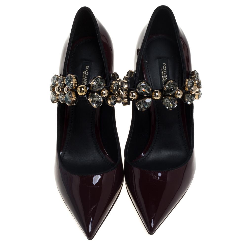 Black Dolce & Gabbana Burgundy Patent Leather Mary Jane Crystal Pumps Size 37