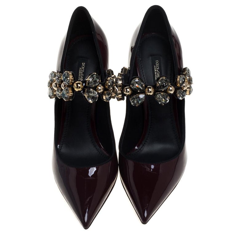 Dolce and Gabbana Burgundy Patent Leather Mary Jane Crystal Pumps Size ...