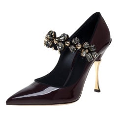 Dolce & Gabbana Burgundy Patent Leather Mary Jane Crystal Pumps Size 37