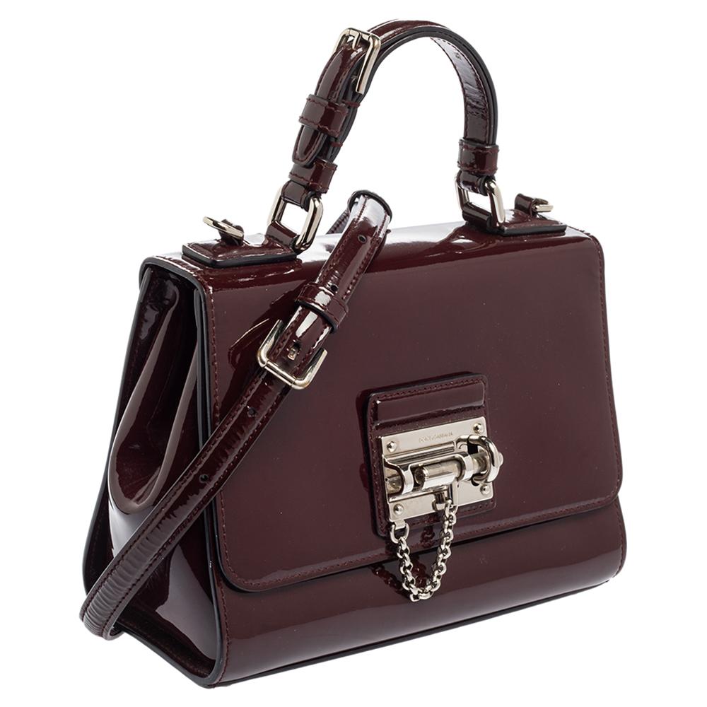 Dolce & Gabbana Burgundy Patent Leather Small Miss Monica Top Handle Bag In Good Condition In Dubai, Al Qouz 2