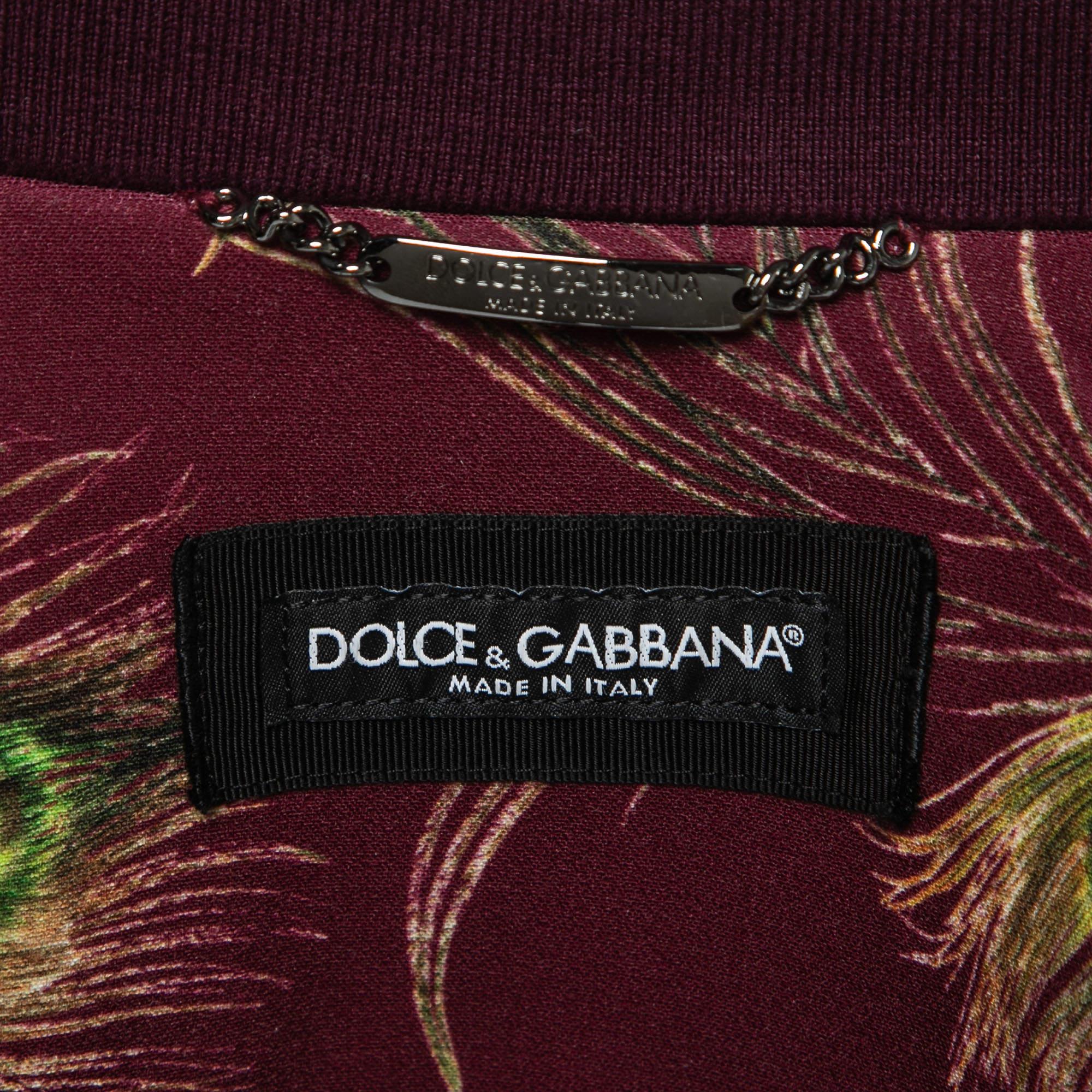 Dolce & Gabbana Burgundy Peacock Feather Print Knit Zip-Front Bomber Jacket S 1