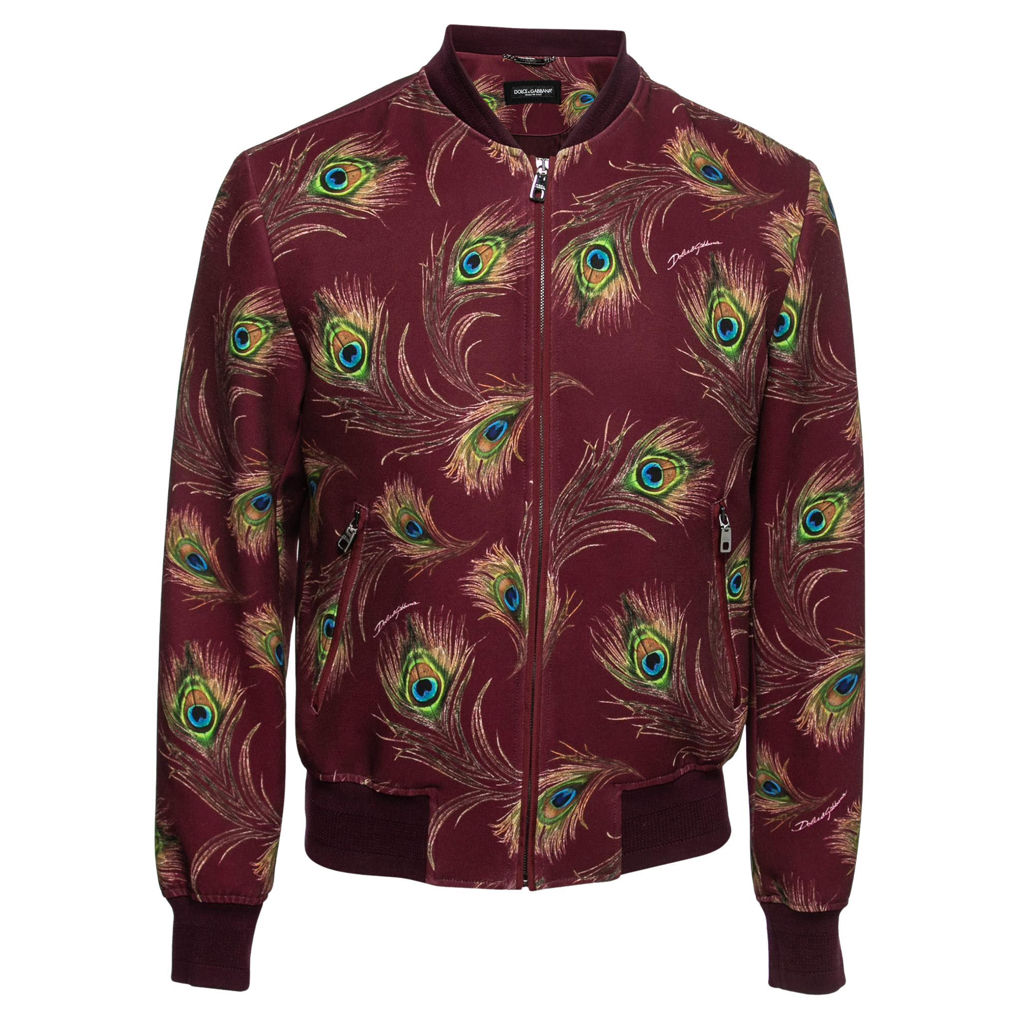 Dolce & Gabbana Burgundy Peacock Feather Print Knit Zip-Front Bomber Jacket S