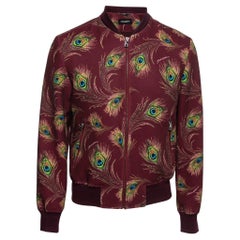 Dolce & Gabbana Burgundy Peacock Feather Print Knit Zip-Front Bomber Jacket S