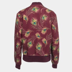 Dolce & Gabbana Burgundy Peacock Feather Print Synthetic Zip Front Bomber Jacket