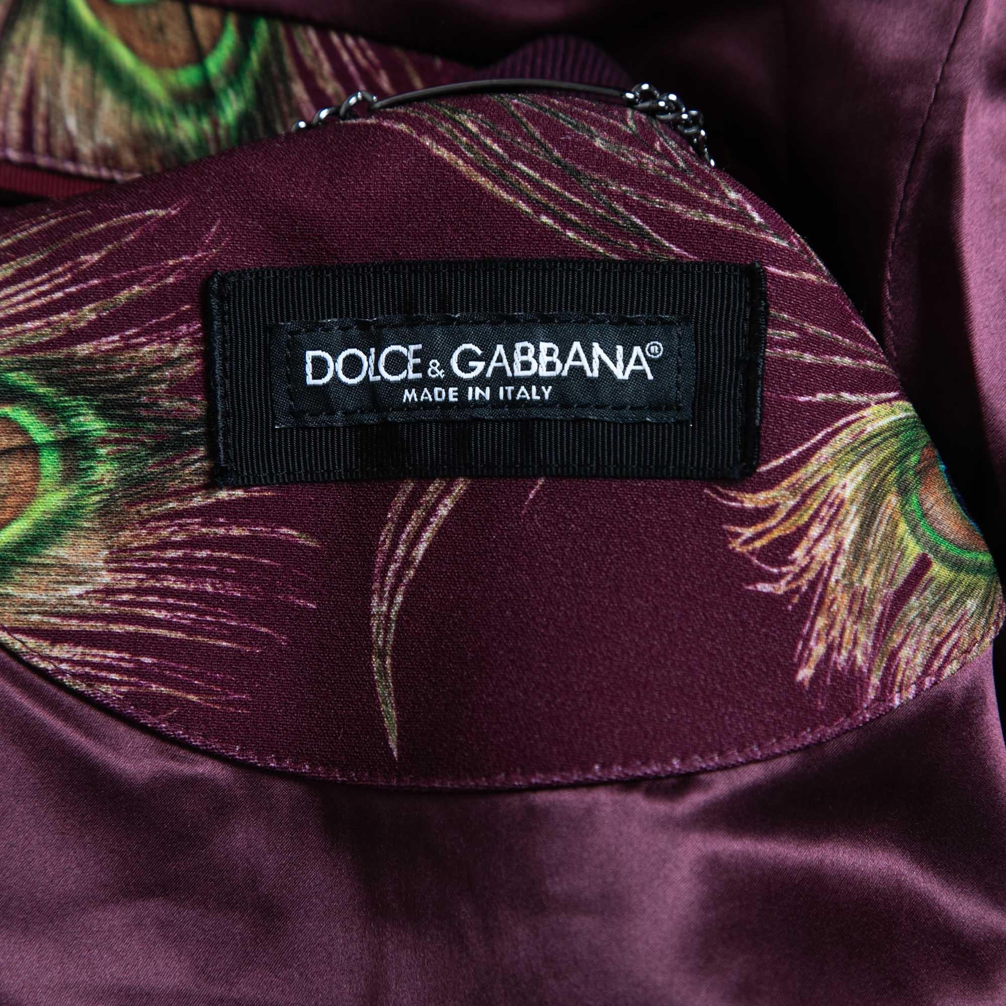 Dolce & Gabbana Burgundy Peacock Feather Print Synthetic Zip Front Bomber Jacket In Excellent Condition In Dubai, Al Qouz 2