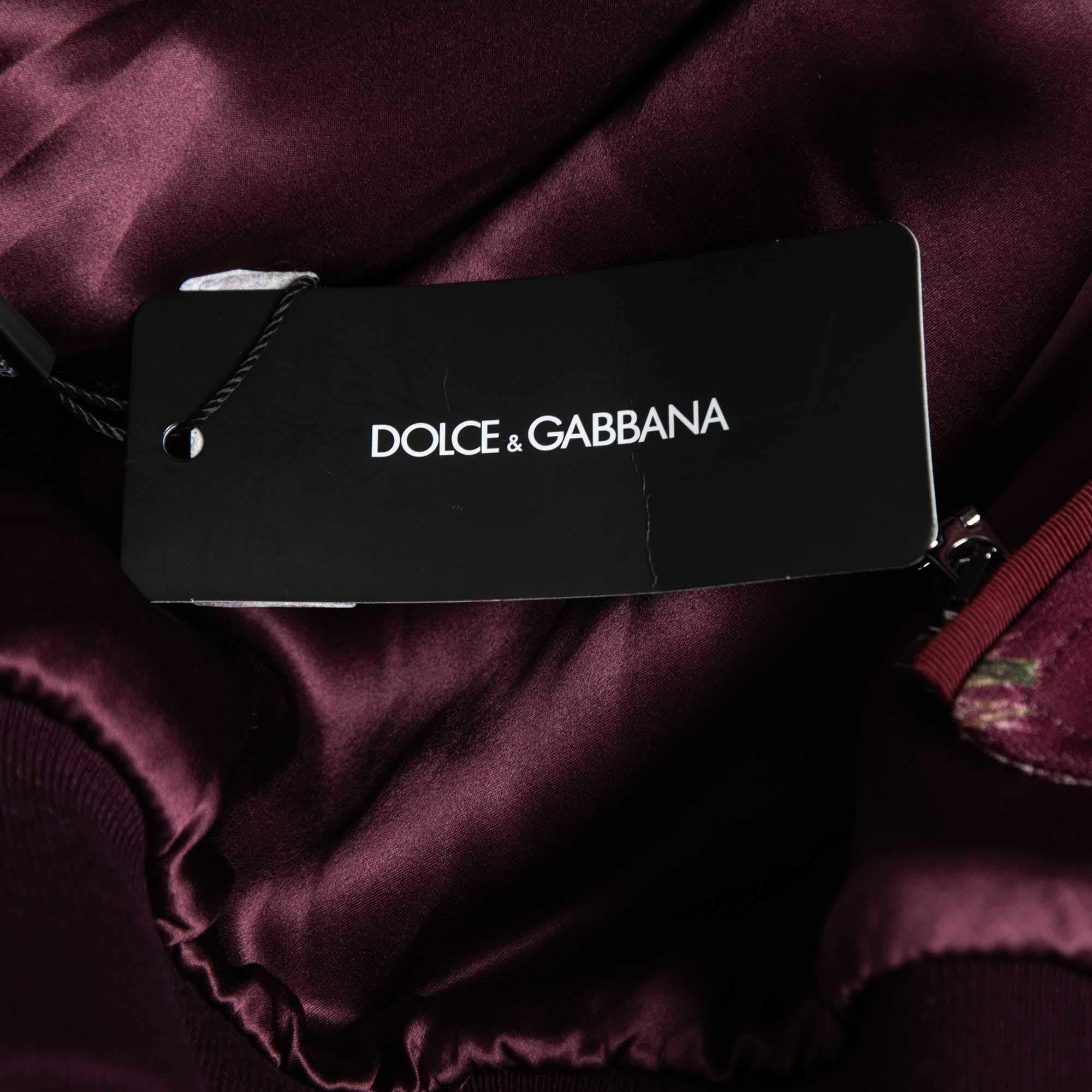 Women's Dolce & Gabbana Burgundy Peacock Feather Print Synthetic Zip Front Bomber Jacket