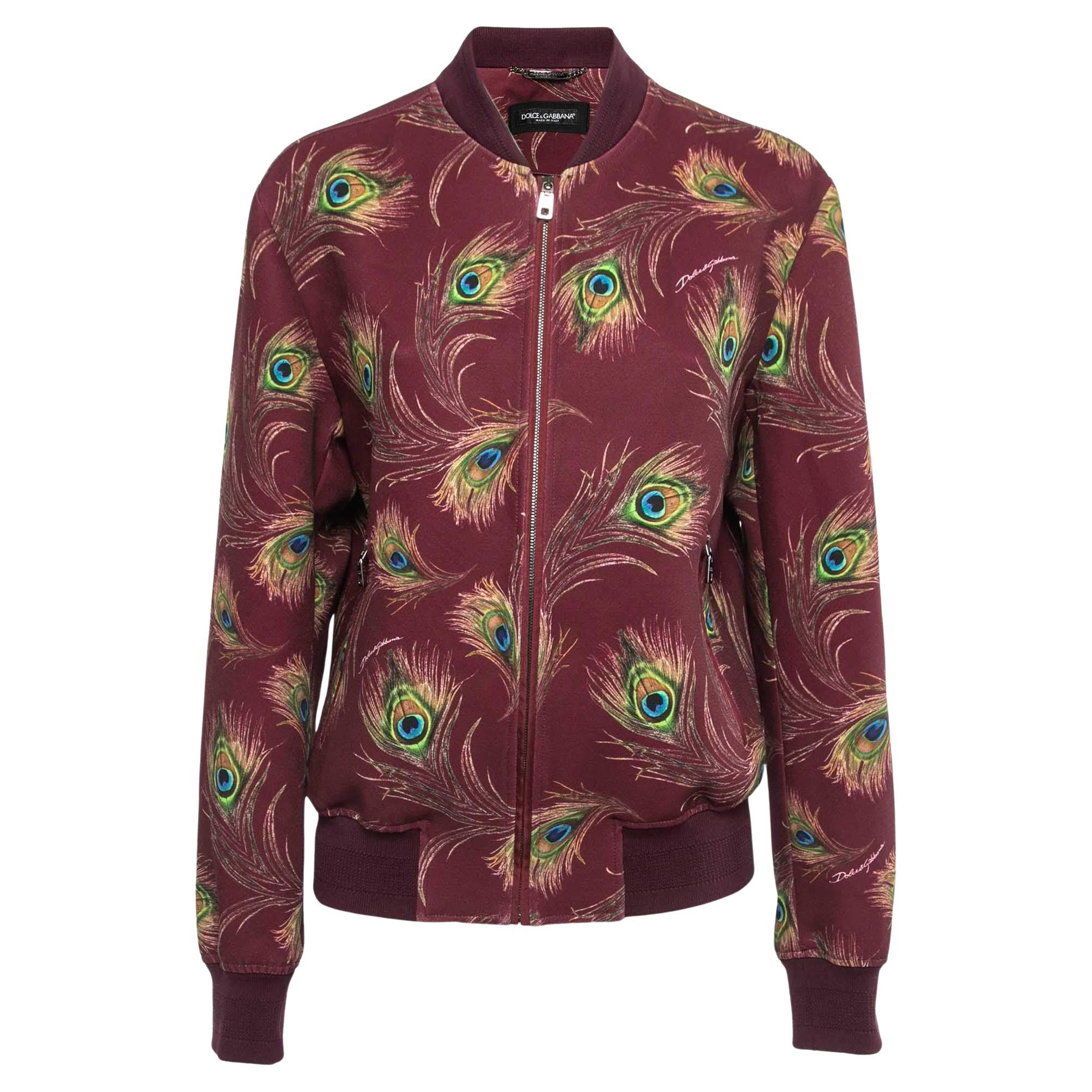 Dolce & Gabbana Burgundy Peacock Feather Print Synthetic Zip Front Bomber Jacket